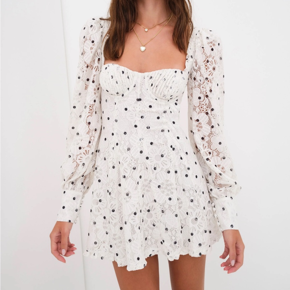 NWT For Love & Lemons Donna Long Sleeve Lace Dot Mini Dress